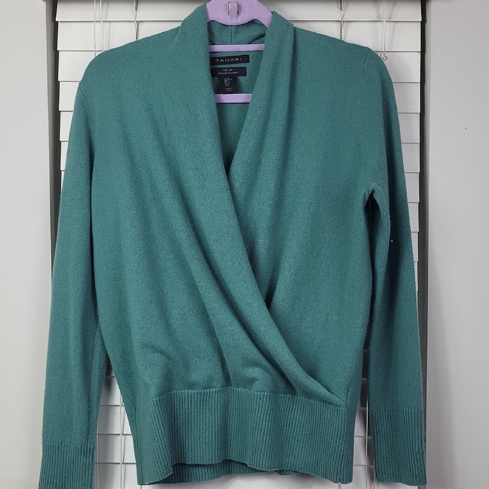 Tahari 100% cashmere Teal Wrap Front Women's Sweater. Size M